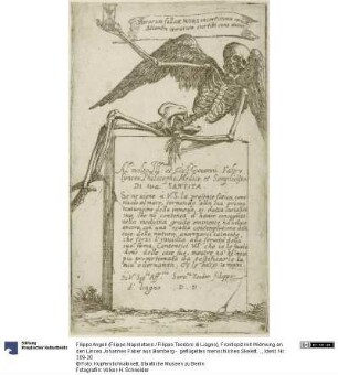 Frontispiz mit Widmung an den Linceo Johannes Faber aus Bamberg - geflügeltes menschliches Skelett mit einer Sanduhr (der Tod), aus: (Gli Scheletri)