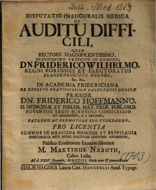 Disputatio inauguralis medica De auditu difficili