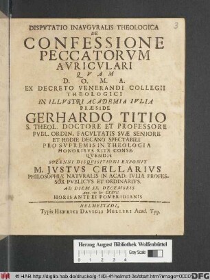 Disputatio Inauguralis Theologica De Confessione Peccatorum Auriculari