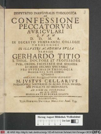 Disputatio Inauguralis Theologica De Confessione Peccatorum Auriculari