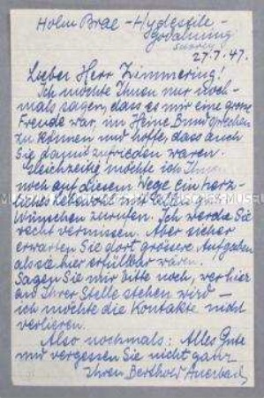 Handschriftlicher Brief des Schriftstellers Berthold Auerbach an Siegfried Zimmering zu dessen Abschied aus dem britischen Exil