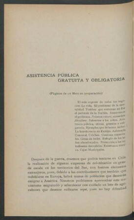 Asistencia pública gratuita y obligatoria : (Páginas de un libro en preparación)