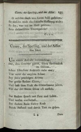 Cicero, der Sperling, und der Adler. Eine Fabel.