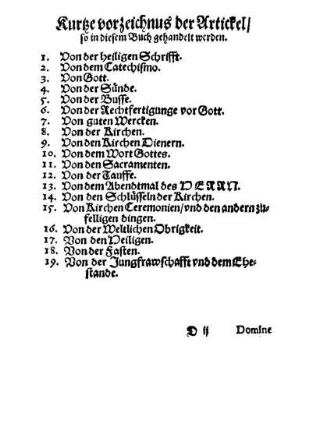 Kurtze vorzeichnus der Artickel/ so in diesem Buch gehandelt werden.