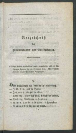 Verzeichniß der Pränumeranten und Subskribenten.