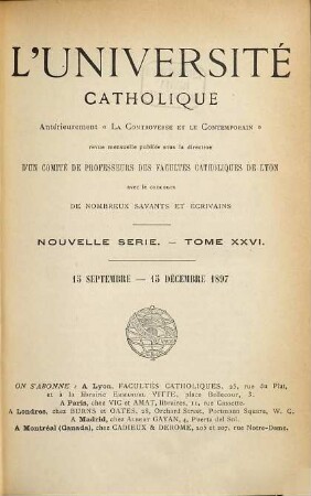 L' Université catholique. 26. 1897