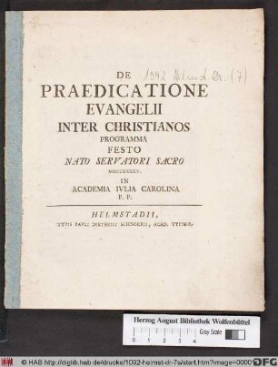 De Praedicatione Evangelii Inter Christianos Programma Festo Servatori Sacro MDCCXXXXV. In Academia Ivlia Carolina P. P