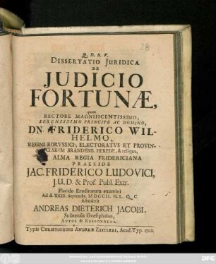 Dissertatio Juridica De Judicio Fortunæ
