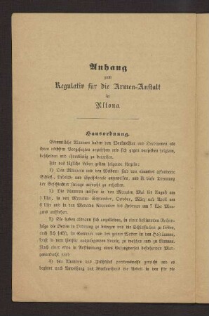 Anhang zum Regulativ für die Armen-Anstalt in Altona - Hausordnung