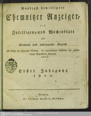 1.1800: Chemnitzer Anzeiger : Zeitschrift für Politik und Unterhaltung, städtische und ländliche Angelegenheiten