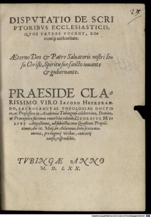 Disp. de scriptoribus ecclesiasticis, quos Patres vocant, eorumque authoritate