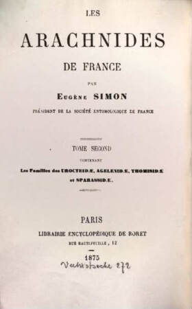 Les arachnides de France par Eugène Simon. 2
