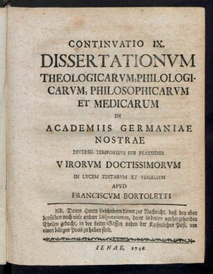 Continvatio IX. Dissertationvm Theologicarvm, Philologicarvm, Philosophicarvm Et Medicarum In Academiis Germaniae Nostrae Diversis Temporibvs Svb Praesidiis Virorvm Doctissimorvm