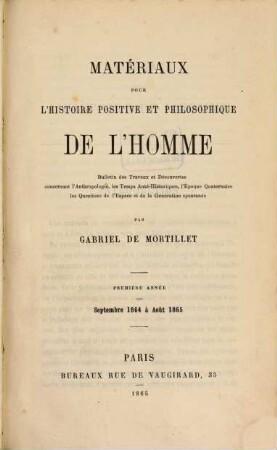 Matériaux pour l'histoire positive et philosophique de l'homme, 1. 1864/65 (1865), Sept. - Aug.