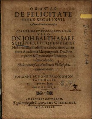 Oratio De Felicitate Hujus Seculi XVII.