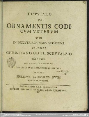 Disputatio De Ornamentis Codicum Veterum