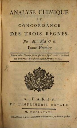 Analyse Chimique Et Concordance Des Trois Règnes, 1
