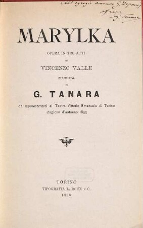 Marylka : opera in tre atti ; da rappresentarsi al Teatro Vittorio Emanuele di Torino, stagione d'autunno 1893