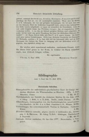 Bibliographie vom 1. Juni bis 31. Juli 1876.