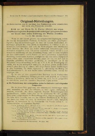 Kritik der von Herrn Dr. E. Fischer (Zürich) aus seinen „Lepidopterologischen Experimentalforschungen" gezogenen Schlüsse auf Grund einer neuen Erklärung des Wesens derselben.