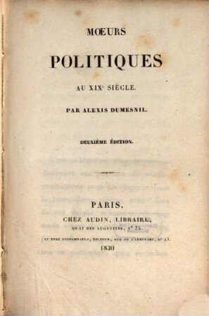 Moeurs politiques au XIX. siècle
