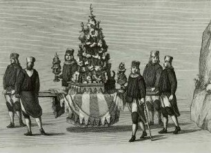 Die Maschinen und versetzten Ertzstuffen so bey d. Bergmännischen Auffzug in Plauischen Grund, ohnweit Dressden mitgeführet u. getragen worden 26. Sept. 1719, Detail: Bergwerksmodell mit Merkur