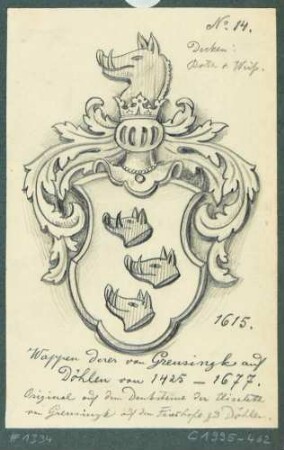 Das Wappen der Familie von Grensing vom Grabstein der Elisabeth von Grensing auf dem Friedhof in Döhlen (Freital)