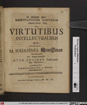 Exercitationum Ethicarum Disputatio XXII. De Virtutibus Intellectualibus