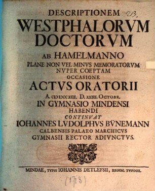 Descriptionem Westphalorum doctorum ... continuat. Iohannes Ludolphus Bünemann