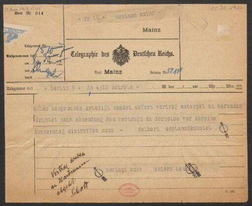 Brief an B. Schott's Söhne : 15.10.1917