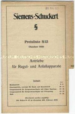 Preisliste S 12 über Antriebe für Regel- und Anlassapparate