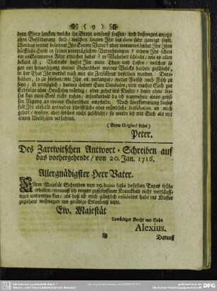 Des Zarewitschen Antwort-Schreiben auf das vorhergehende, von 20. Jan. 1716.