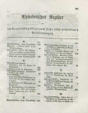 Alphabetisches Register der im Verordnungsblatt vom Jahr 1854 enthaltenen Verordnungen