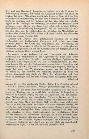 247-248 [Rezension] Crespy, Georges, Das theologische Denken Teilhard de Chardins