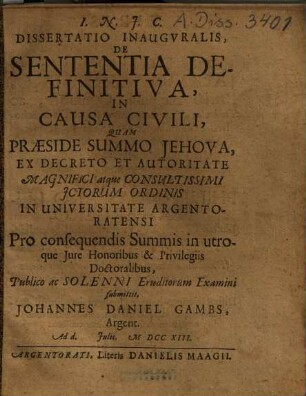 Dissertatio Inaugvralis, De Sententia Definitiva, In Causa Civili