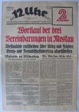 Berliner Tageszeitung "Das 12 Uhr Blatt" mit dem Wortlaut der Verträge zwischen Deutschland und der UdSSR