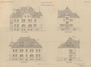 Garnisonslazarett Müllheim; Ansichten des Verwaltungsgebäudes von allen vier Seiten