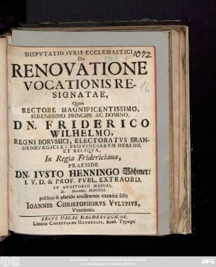 Dispvtatio Ivris Ecclesiastici De Renovatione Vocationis Resignatae