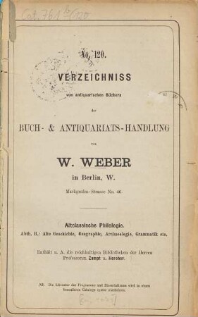 Verzeichnis antiquarischer Bücher. 120. [ca. 1879]