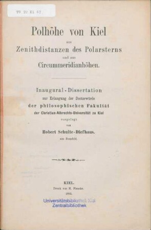 Polhöhe von Kiel aus Zenithdistanzen des Polarsterns und aus Circummeridianhöhen