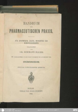 Erg.-Bd.: Handbuch der pharmaceutischen Praxis : für Apotheker, Ärzte, Drogisten und Medicinalbeamte