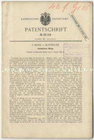 Patentschrift über automatische Waagen, Patent-Nr. 35169