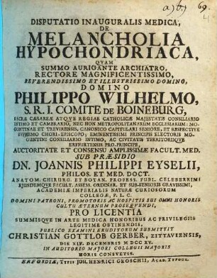 Disputatio Inauguralis Medica, De Melancholia Hypochondriaca