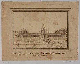 Der Zwinger in Dresden, Blick von der Ostraallee über den Zwingergraben auf die Langgalerie mit Kronentor und Pavillons