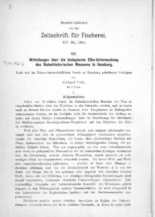III. Mitteilungen über die biologische Elbe-Untersuchung des Naturhistorischen Museums in Hamburg.