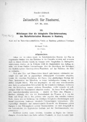 III. Mitteilungen über die biologische Elbe-Untersuchung des Naturhistorischen Museums in Hamburg.