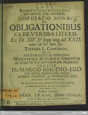 Disputatio nona De obligationibus ex re, verbis & literis