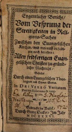 Eygentlicher Bericht vom Ursprung der Streitigkeiten in Religions-Sachen zwischen den evangelischen Kirchen
