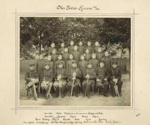 18 Kadetten (stehend) und ihre sieben Lehrer, unter ihnen ein Zivilist, (sitzend) des Obertertia-Kurses 1901/1902 im Garten der Kadettenanstalt Karlsruhe