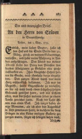 Ein und neunzigster Brief. An den Herrn von Stüven in Braunschweig